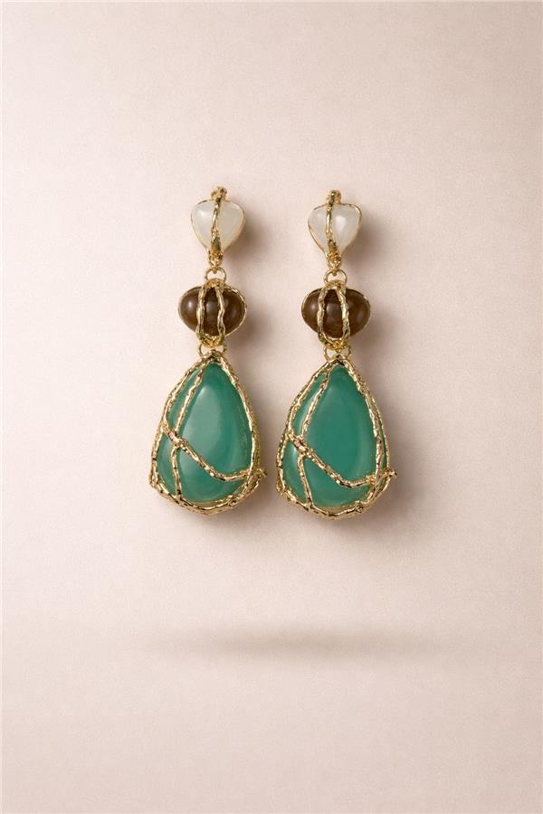 Evie Gold Kafesli Sallantılı Doğal Taşlı Küpe